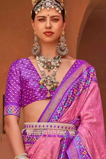 pink pink & purple ethnic motifs woven design zari patola saree
