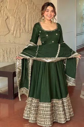 Green embroidered anarkali kurta set with pant and dupatta for women