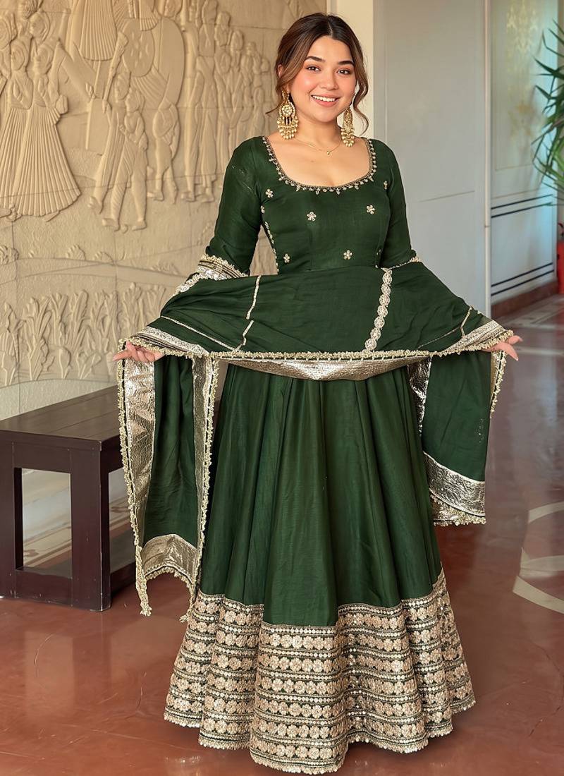 Green embroidered anarkali kurta set with pant and dupatta for women