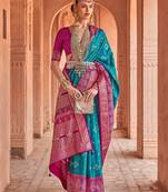 blue blue & pink ethnic motifs printed silk blend patola saree