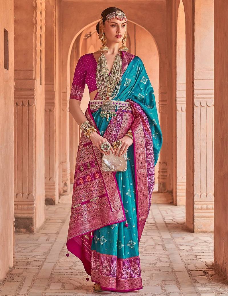 blue blue & pink ethnic motifs printed silk blend patola saree