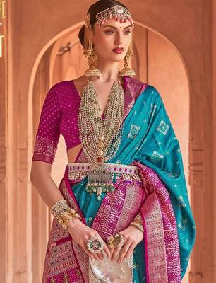 blue blue & pink ethnic motifs printed silk blend patola saree 2