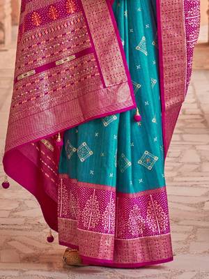 blue blue & pink ethnic motifs printed silk blend patola saree 3
