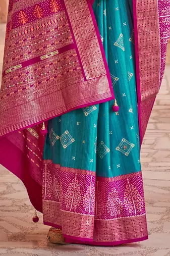 blue blue & pink ethnic motifs printed silk blend patola saree