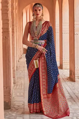 navy_blue navy blue & red woven design zari silk blend patola saree
