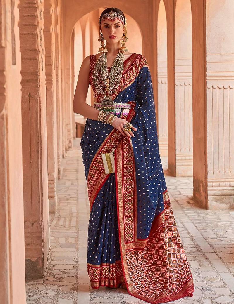 navy_blue navy blue & red woven design zari silk blend patola saree