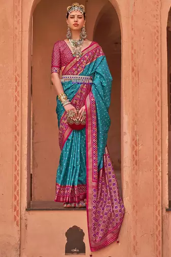 blue blue & magenta woven design zari patola saree