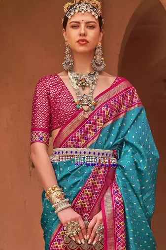 blue blue & magenta woven design zari patola saree