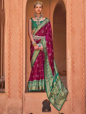 burgundy burgundy & green woven design zari silk blend patola saree 1