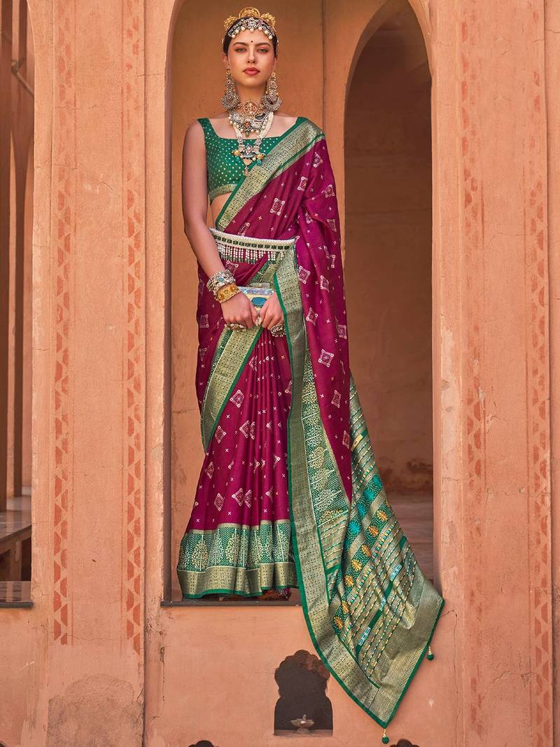 burgundy burgundy & green woven design zari silk blend patola saree