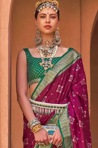 burgundy burgundy & green woven design zari silk blend patola saree