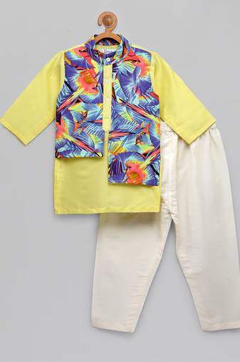 lime yellow printed cotton silk kurta set for men