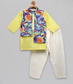 lime yellow printed cotton silk kurta set for men