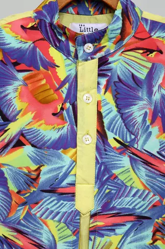 lime yellow printed cotton silk kurta set for men