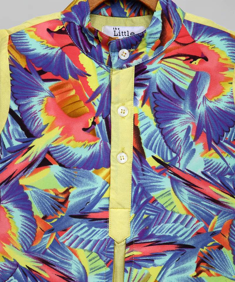 lime yellow printed cotton silk kurta set for men
