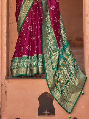 burgundy burgundy & green woven design zari silk blend patola saree 3