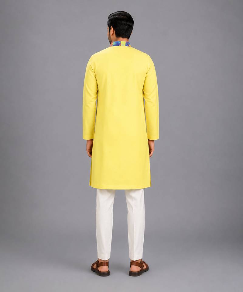 lime yellow printed cotton silk kurta set for men