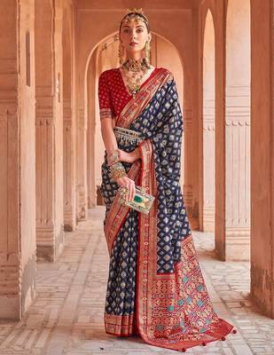 navy_blue navy blue & red geometric woven design zari silk blend patola saree 1