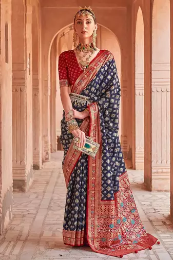 navy_blue navy blue & red geometric woven design zari silk blend patola saree