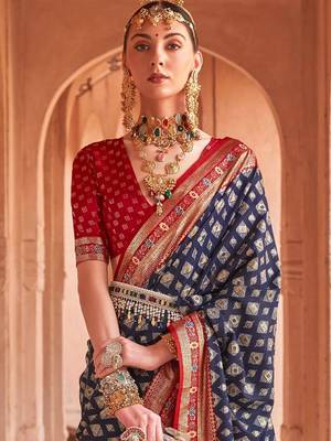navy_blue navy blue & red geometric woven design zari silk blend patola saree 2