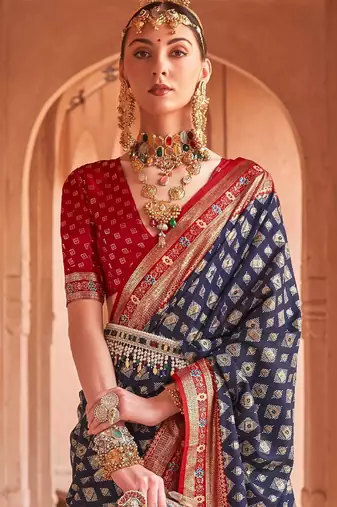 navy_blue navy blue & red geometric woven design zari silk blend patola saree