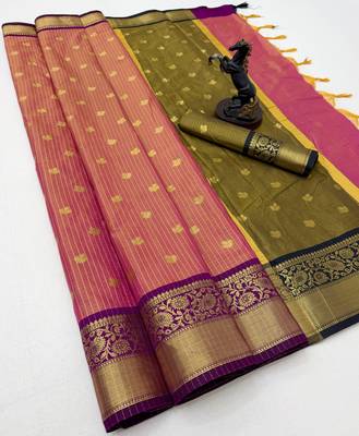 pink checkered banarasi silk blend saree 1