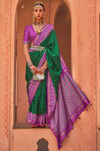 green green & pink zari ethnic woven design patola saree