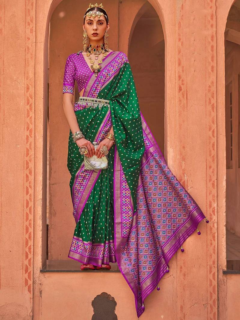 green green & pink zari ethnic woven design patola saree