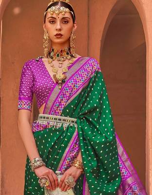 green green & pink zari ethnic woven design patola saree 2