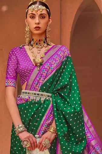 green green & pink zari ethnic woven design patola saree