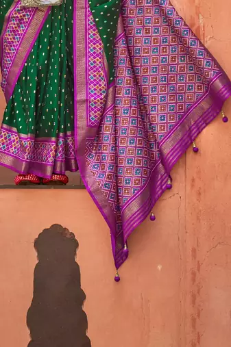 green green & pink zari ethnic woven design patola saree