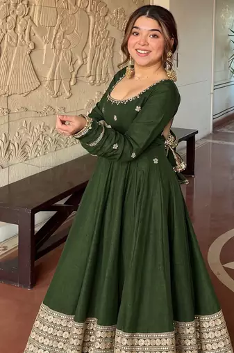 Green embroidered anarkali kurta set with pant and dupatta for women