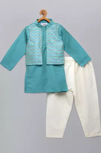 Aqua blue cotton silk Men Kurta Set
