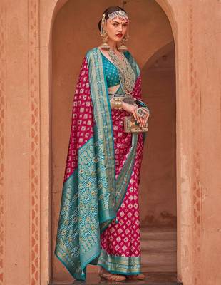 pink pink & blue ethnic motifs printed zari patola saree 1