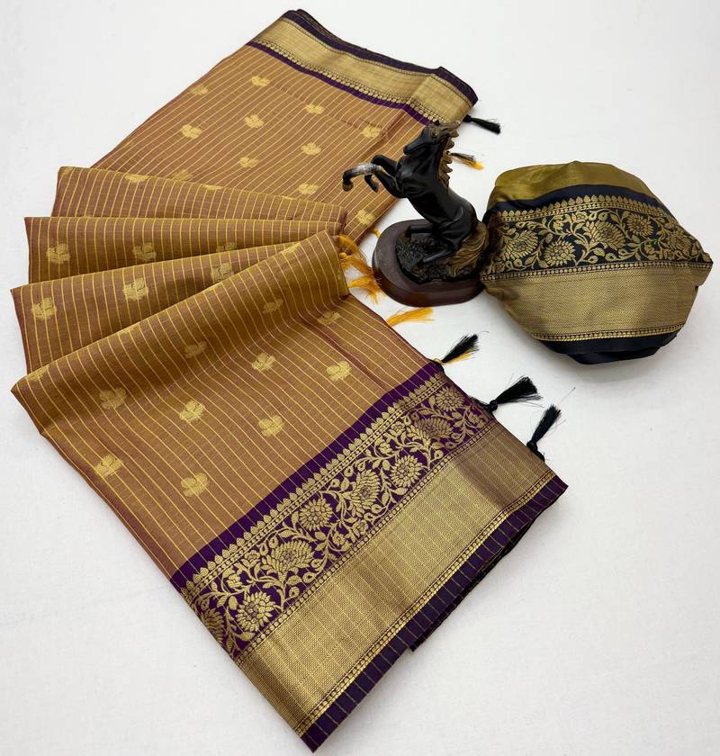 mustard checkered banarasi silk blend saree