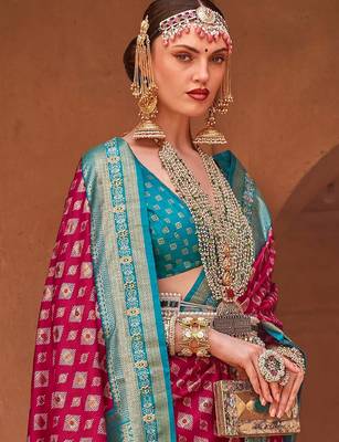 pink pink & blue ethnic motifs printed zari patola saree 2