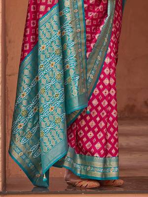 pink pink & blue ethnic motifs printed zari patola saree 3