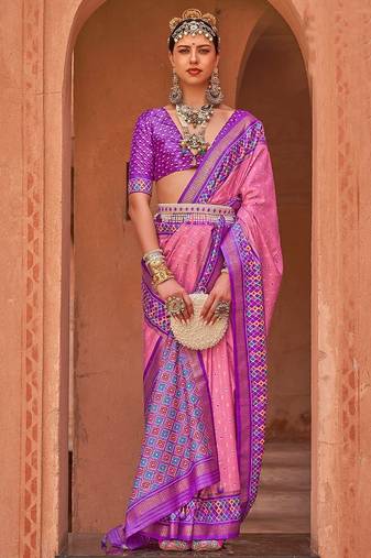 pink pink & gold-toned ethnic woven design zari patola saree