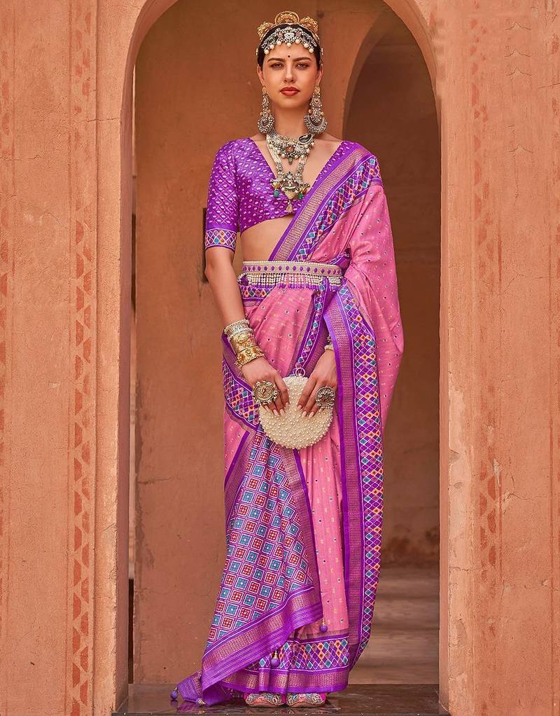 pink pink & gold-toned ethnic woven design zari patola saree