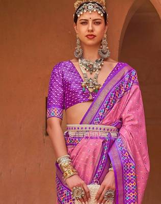 pink pink & gold-toned ethnic woven design zari patola saree 2