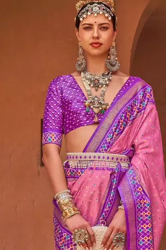 pink pink & gold-toned ethnic woven design zari patola saree