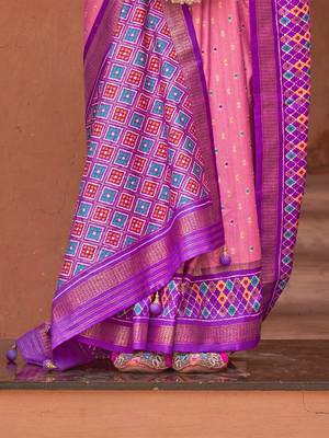 pink pink & gold-toned ethnic woven design zari patola saree 3
