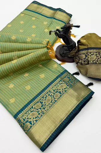 green checkered banarasi silk blend saree