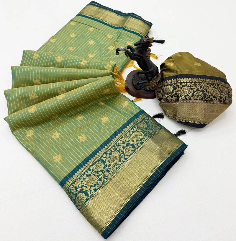 green checkered banarasi silk blend saree