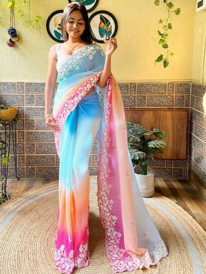blue blue ethnic motifs embroidered sequinned detailed poly georgette saree 1
