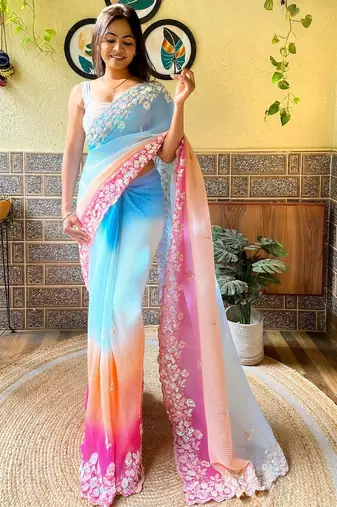 blue blue ethnic motifs embroidered sequinned detailed poly georgette saree