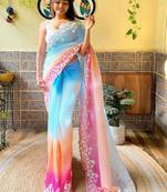 blue blue ethnic motifs embroidered sequinned detailed poly georgette saree