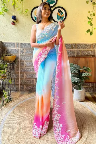 blue blue ethnic motifs embroidered sequinned detailed poly georgette saree