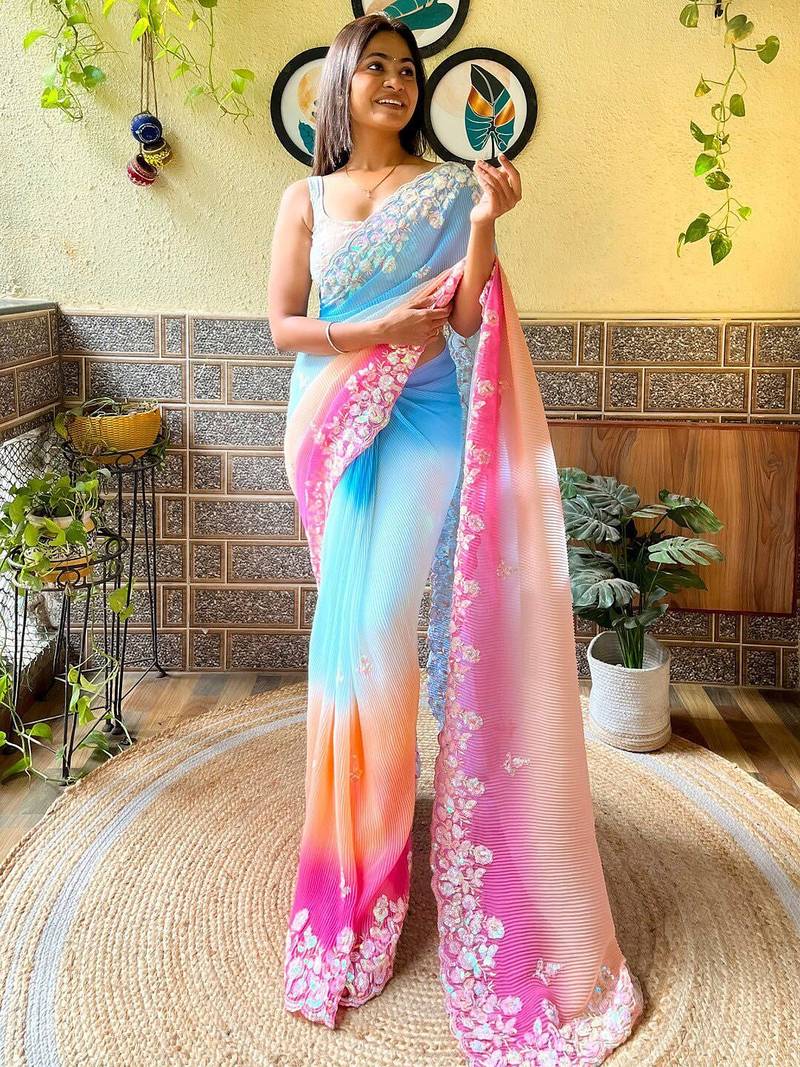 blue blue ethnic motifs embroidered sequinned detailed poly georgette saree