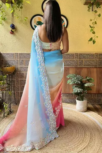 blue blue ethnic motifs embroidered sequinned detailed poly georgette saree